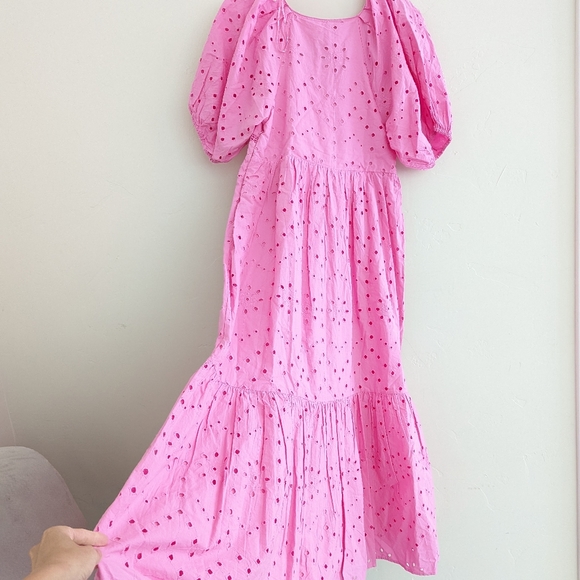 ZARA PINK OPENWORK EMBROIDERED MIDI DRESS PUFF SLEEVES - Picture 7 of 12
